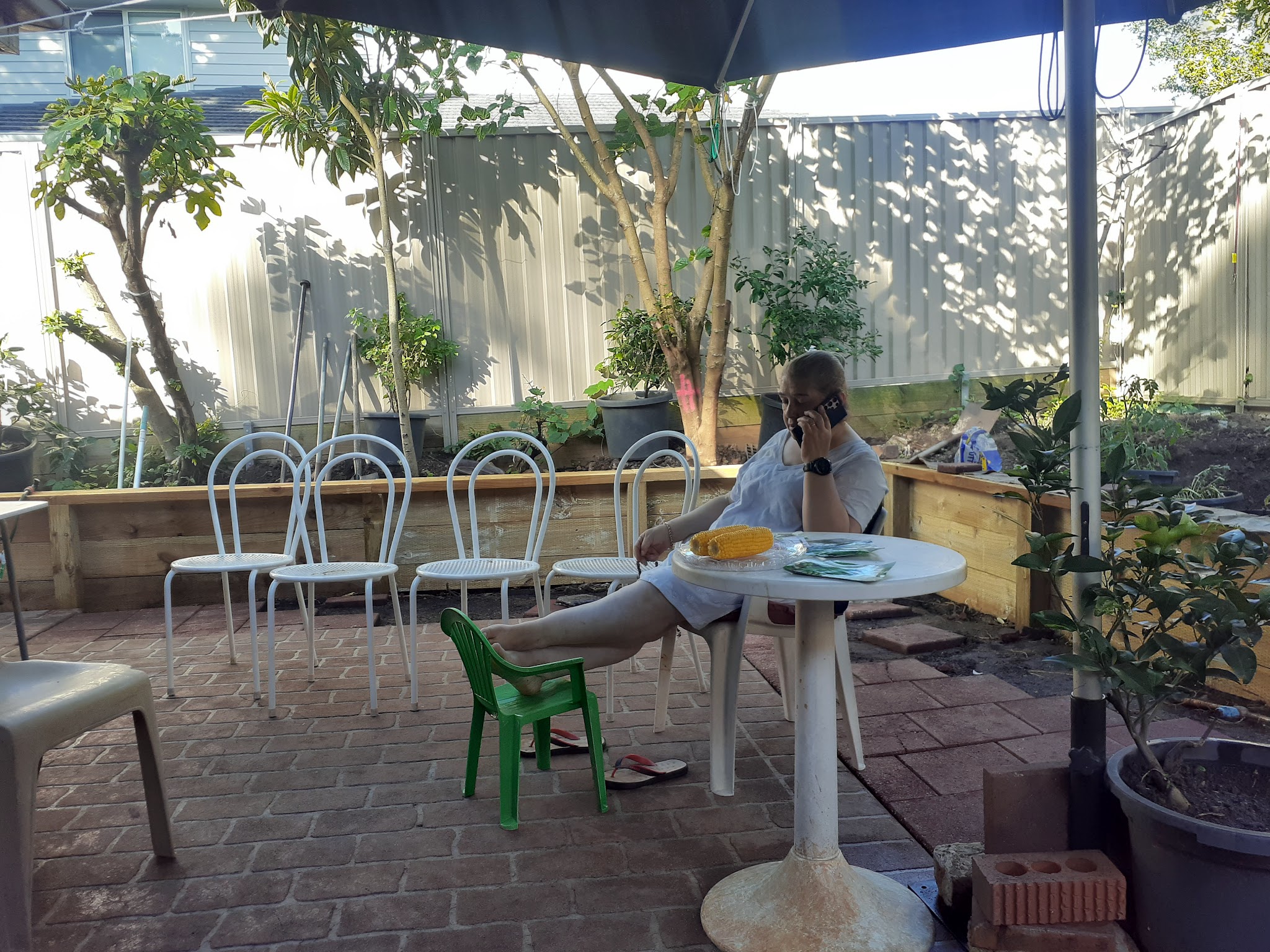 Joe of North Ryde Handy Gardener relaxing among lush potted plants in a garden courtyard